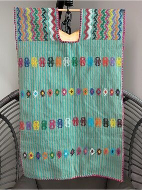 Handwoven Turquoise Striped Runner with Multicolor Embroidery. Size: THREE